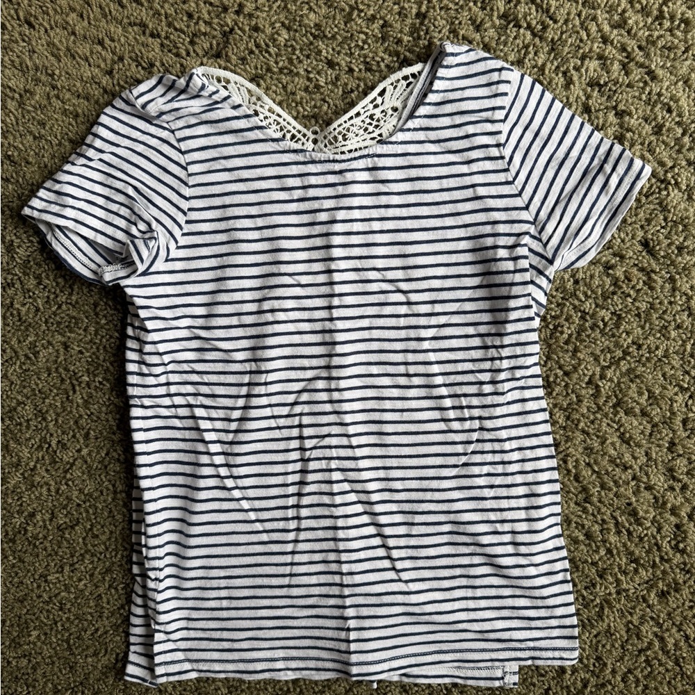 Girls Striped Short Sleeve Top with Lace Butterfly Detail on Back- Size 10